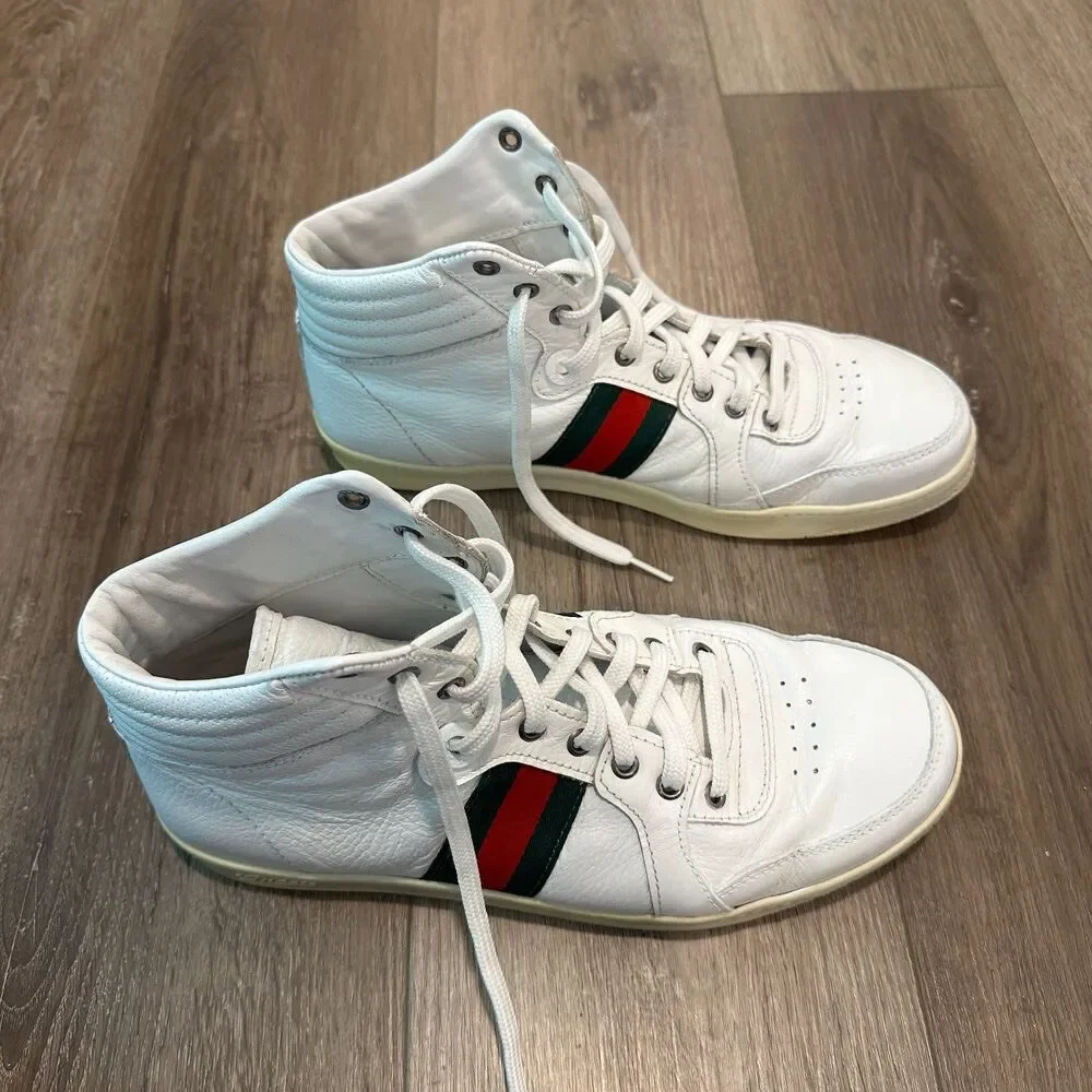 Vintage Leather Gucci High Top Sneakers Web Stripe Streetwear Size 43 / 10 US